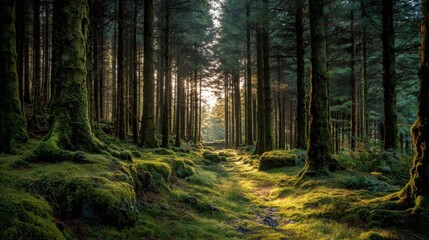 Obraz premium A serene pathway winds through a dense forest with sunlight shining down through the tall trees. The ground is covered in vibrant green moss and natural stones creating a peaceful atmosphere.