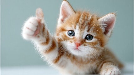 Charming ginger kitten giving a thumbs up gesture, radiating positivity and approval, with fluffy an endearing, look