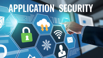 Application security interface with a finger pointing at the cloud icon on a blue background