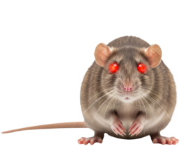 A gray rat with red eyes sitting on a white surface.