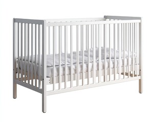 White crib with a mattress and bedding