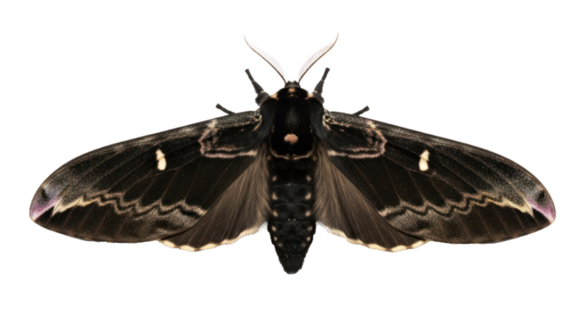 A black and white moth with intricate patterns on its wings, isolated on a white background.