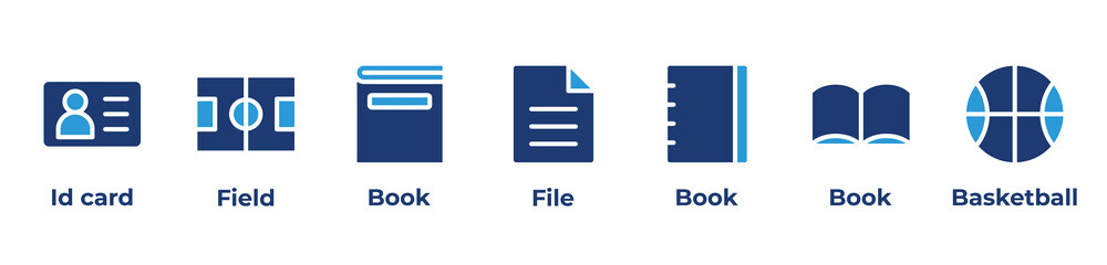 Learning, Records, and Play Icons set vector illustration blue with Id card, Field, Book, File, Book, Book, Basketball