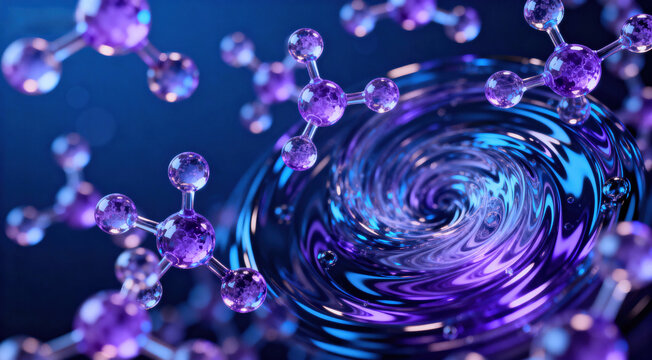 A vivid depiction of molecular structure with a swirling liquid background, showcasing scientific and microscopic elements. - Powered by Adobe