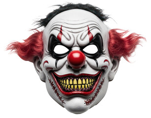 A scary clown mask with red hair and red nose against a white background.