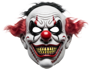 A scary clown mask with red hair and red nose against a white background.