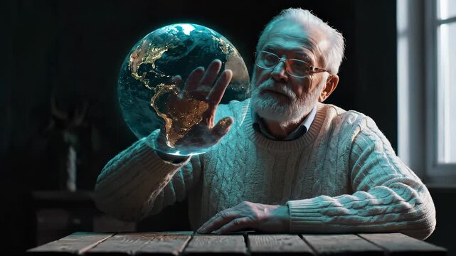 Interacts with hologram globe over table. Senior man studies earth projection with hand. Beard and eyewear reflect blue light. Ambient technology glow fills room by window. Quiet spark of wonder.