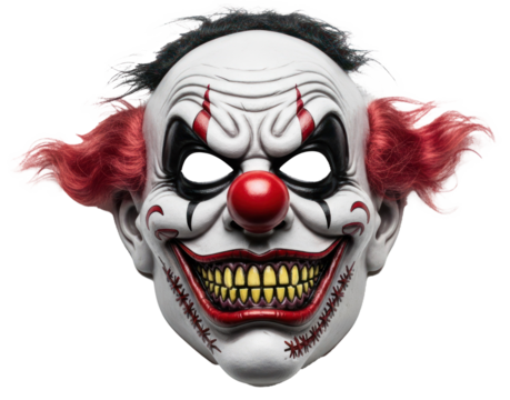 A scary clown mask with red hair and red nose against a white background.