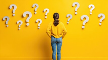 A woman stands in front of a wall of questions. She looks confused and unsure of what to do