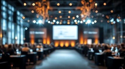 Modern conference room with stage and large blank screen under soft spotlight, people sitting blurred in background, clean empty space ideal for business presentation, seminar, or event design.
