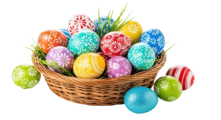 Basket of colorful Easter eggs with green grass and white background.