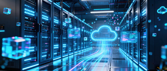A high - tech data center with server racks and cloud computing elements showing data transfer.