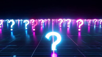 A vast dark plane stretching horizon, luminescent neon question marks slightly surface. gently colors blue, purple, pink, infinite pattern futuristic doubt, digital queries, abstract wonder - Powered by Adobe