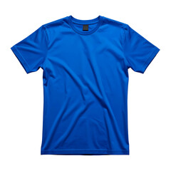 A vibrant blue, crew-neck t-shirt, displayed on a black background, with wrinkles from wear