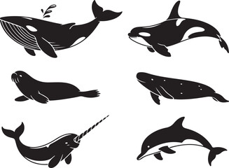 Obraz premium Ocean wildlife silhouettes, whales, dolphins, narwhal, seal