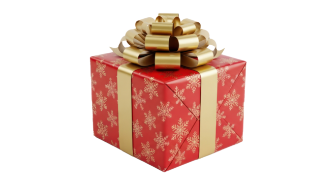 A red gift box with a gold ribbon and snowflake pattern on a white background.