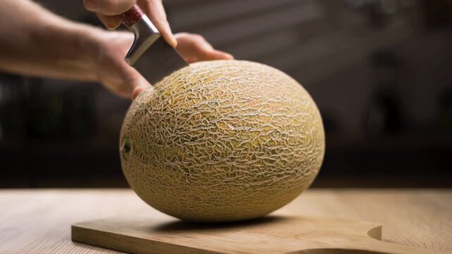 Close-up of ripe melon cutting with sharp knife on wooden cutting board. Cooking vegan fruit food in the kitchen