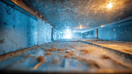 Water moves swiftly through a metallic channel creating splashes and reflections under soft lighting. The surroundings feature an interesting interplay of color and texture.