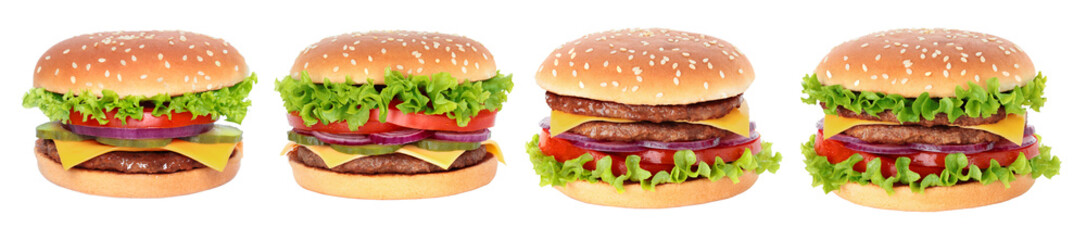 Set of juicy burgers with meat patty and onion isolated on transparent background