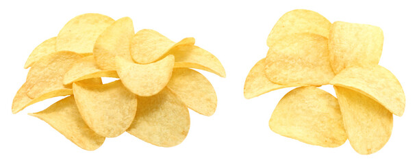 Set of crunchy potato chips piles isolated on transparent background