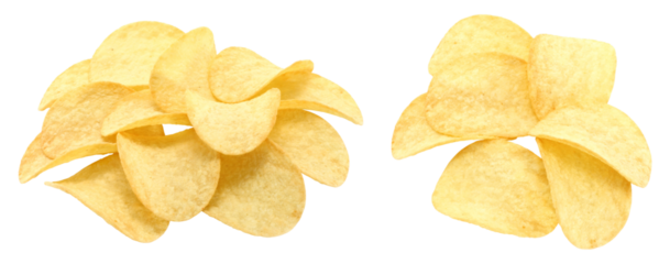 Set of crunchy potato chips piles isolated on transparent background