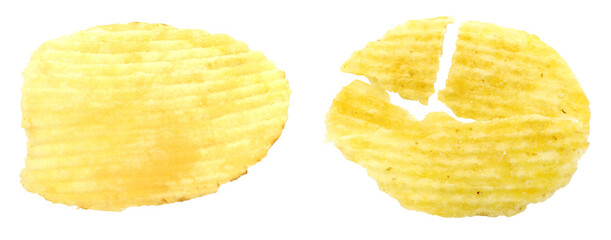 Set of single potato chips, one whole and one broken, top view, isolated on transparent background