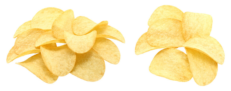 Set of crunchy potato chips piles isolated on transparent background