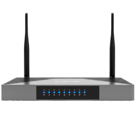 A modern router with antennas on a white background.