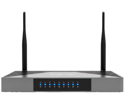 A modern router with antennas on a white background.