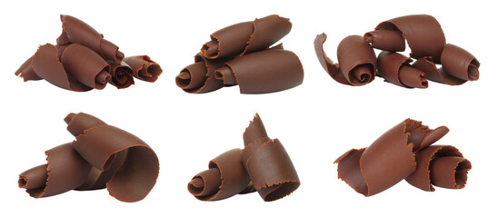 Set of chocolate curls and shavings isolated on transparent background
