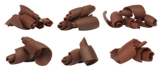 Set of chocolate curls and shavings isolated on transparent background