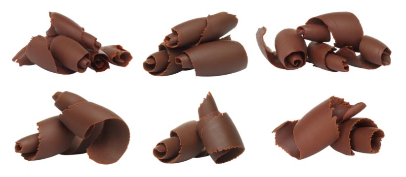 Set of chocolate curls and shavings isolated on transparent background