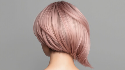 Obraz premium Close-up back view of short layered feminine haircut with pastel pink gradient color, smooth glossy texture under soft studio lighting, minimalist neutral background, professional