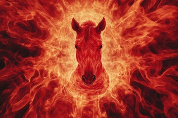 Red fire horse surrounded by a spiraling vortex of flames creating intricate patterns in a harmonious composition