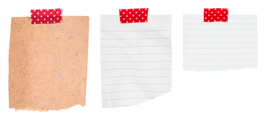 Set of various notebook note sheets attached with adhesive tape. Stationery elements isolated on transparent background