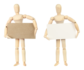 Set of wooden mannequins holding blank business cards, isolated on transparent background