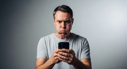 Frustrated man intently stares at his smartphone screen, displaying clear annoyance and digital exasperation with technology's demands and issues