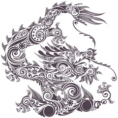 Elegant ornamental dragon design in black vector silhouette with tribal swirls and floral motifs for luxury artwork