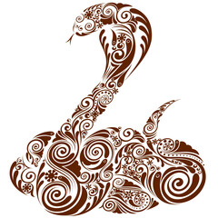 Elegant ornamental snake vector illustration in brown silhouette with detailed swirl and flower pattern design