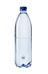 A clear plastic water bottle with a blue cap and a blue label on a white background.
