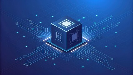 Glowing Quantum Computer Cube with Circuit Emission in Blue Background