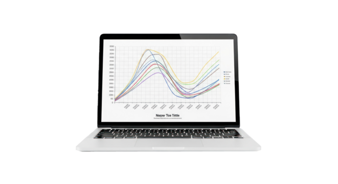 A laptop with a graph on its screen, displaying a series of lines and curves.