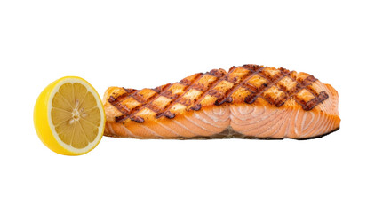 A grilled salmon fillet with a lemon wedge on a white background.
