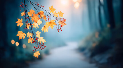 Autumn Maple Leaves and Red Berries in Forest Background AI Generated