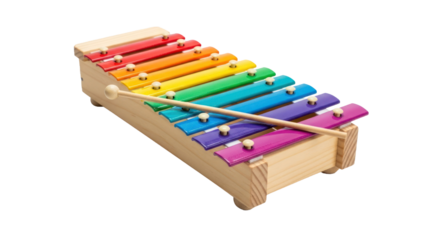A colorful wooden xylophone with rainbow-colored keys and a wooden stick on a white background.