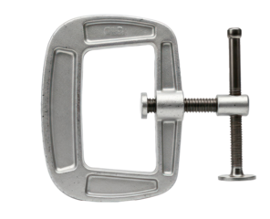 A metal C-clamp with a metal handle on a white background.