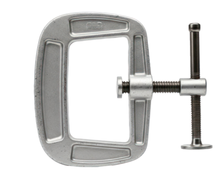 A metal C-clamp with a metal handle on a white background.