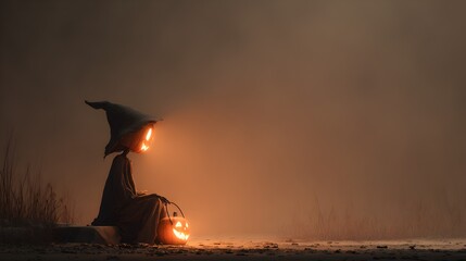 Eerie Halloween Scene with Pumpkin Head Figure and Glowing JackOLantern