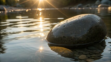 Close-up of a smooth river stone partially submerged, reflecting sunlight beams across the curved surface, tranquil harmony of texture and light.