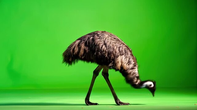 Australian Emu Walking and Pecking on a Green Screen Background.